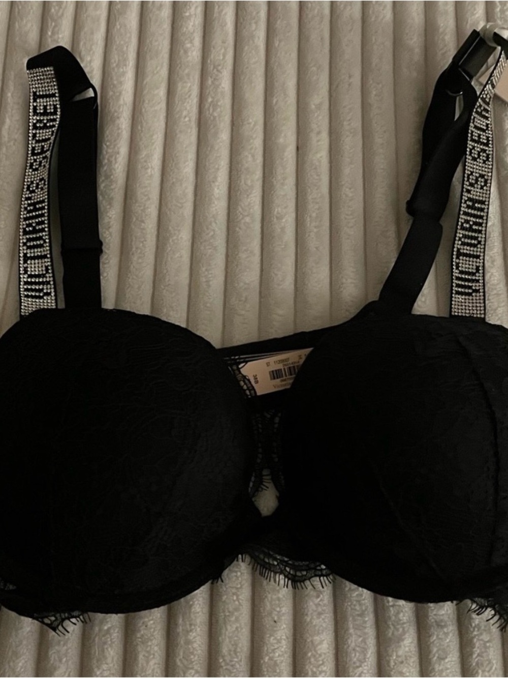 Victoria's Secret Black Lace Push-Up Bra with Rhinestone Logo Straps